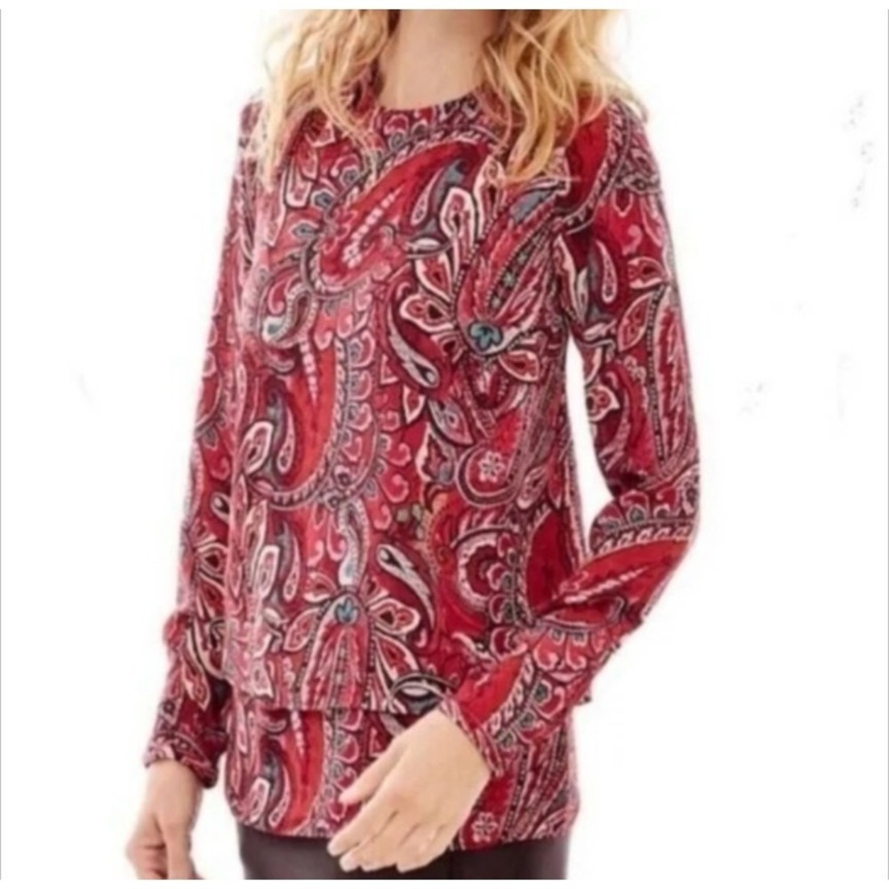 J Jill Women's XXL 2X Blouse Tunic Red Paisley Asymmetrical Hem Long Sleeve